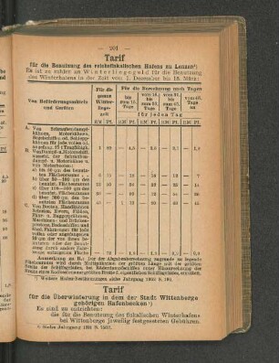 Tarif für die Benutzung des reichsfiskalischen Hafens zu Lenzen 1)