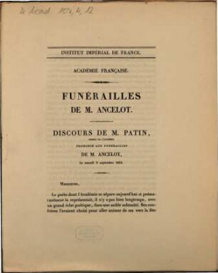 Funérailles de M. Ancelot. Discours de M. Patin ... : le samedi 9 septembre 1854