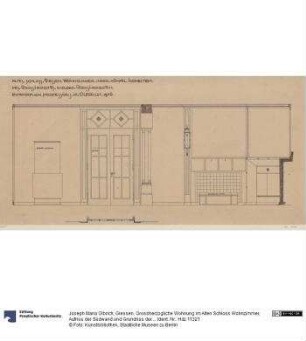 Giessen, Grossherzogliche Wohnung im Alten Schloss Wohnzimmer, Aufriss der Südwand und Grundriss der Türnische