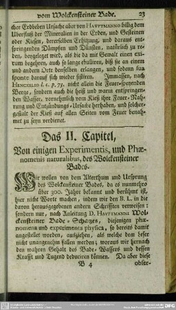 Das II. Capitel, Von einigen Experimentis, und Phaenomenis naturalibus, des Wolckensteiner Bades