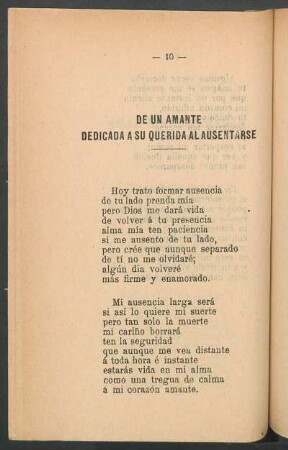 De un amante dedicada a su querida al ausentarse