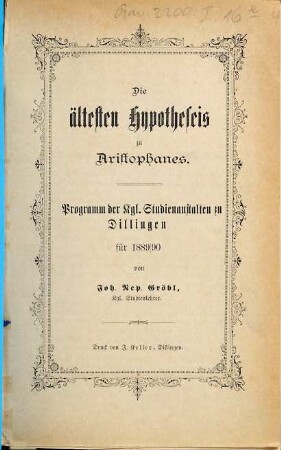 Die ältesten Hypotheseis zu Aristophanes