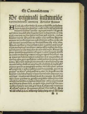 De originali instiutionem et prima inchoatoe canonicorum Articulus Prmus