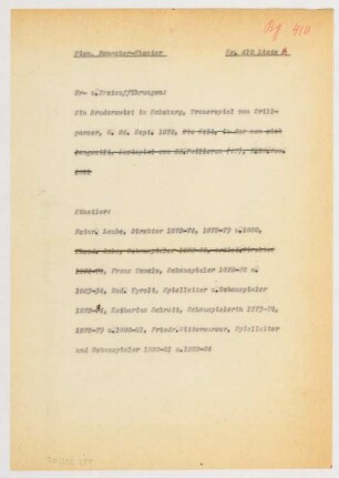 Etablissement Ronacher, Wien: Schriftstück zum Fragebogen für das Handbuch »Das Deutsche Theater«