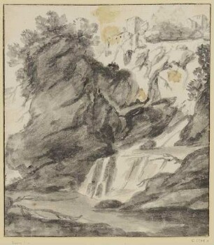 Der Wasserfall am Fuße des Felsen, darüber Gebäude (Tivoli?)