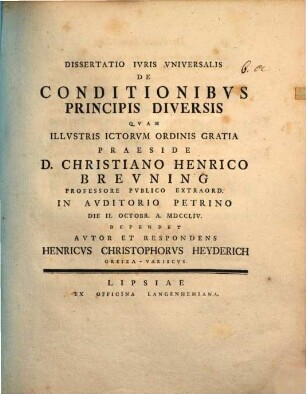 Dissertatio Ivris Vniversalis De Conditionibvs Principis Diversis
