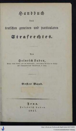 Handbuch des teutschen gemeinen und particularen Strafrechtes : Erster Band