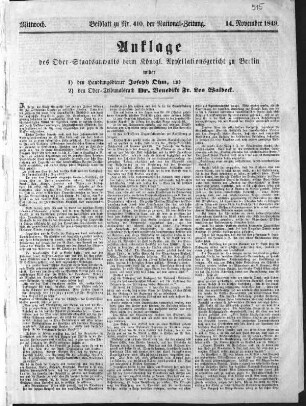 National=Zeitung. Beiblatt zu N[umme]r 410. der National=Zeitung. (Sammlung Friedlaender)