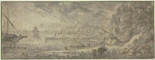 Marine, rechts große Felsen, vorn ein Maultiertreiber, im Hintergrunde eine Stadt