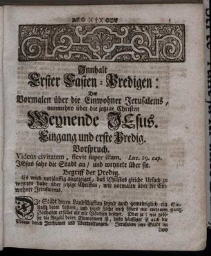Eingang und erste Predig – Sechste Predig