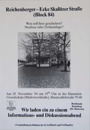 Plakat: "Reichenberger  Ecke Skalitzer Straße. Neubau oder Grünanlage?"