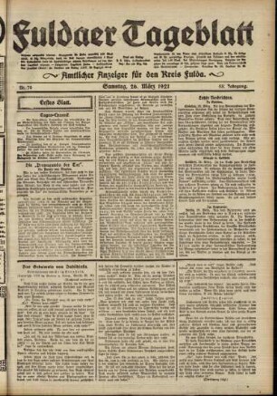 Erste Ausgabe vom Samstag, den 26. März 1921.