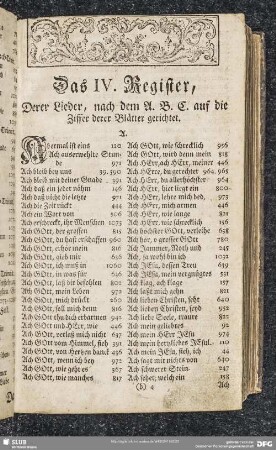 Das IV. Register, Derer Lieder, nach dem A. B. C. auf die Ziffer derer Blätter gerichtet