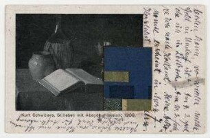 Merz-Postkarte von Kurt Schwitters an Hannah Höch mit Abbildung: "Kurt Schwitters, Stilleben mit Abendmahlskelch; 1909" collagiert. Hannover