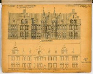 Kreiskrankenhaus, Insterburg Monatskonkurrenz November 1885: Aufriss Straßenansicht (Südseite), Gartenansicht (Nordseite); Maßstabsleiste