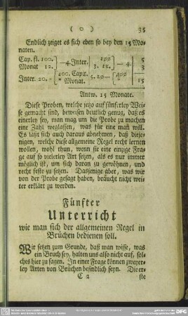 Fünfter Unterricht wie man sich der allgemeinen Regel in Brüchen bedienen soll