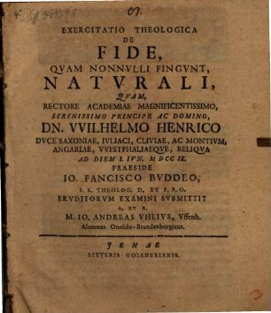 Exercitatio Theologica De Fide, Qvam Nonnvlli Fingvnt, Natvrali
