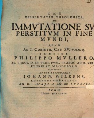 Diss. theol. de immutatione superstitum in fine mundi