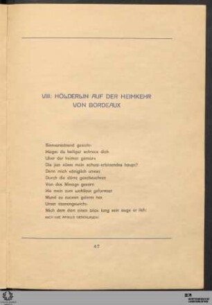 VIII: Hölderlin auf der Heimkehr von Bordeaux