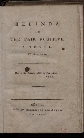 Belinda, Or The Fair Fugitive : A novel