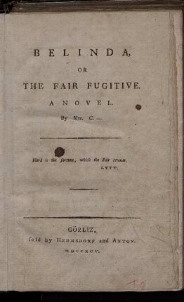 Belinda, Or The Fair Fugitive : A novel