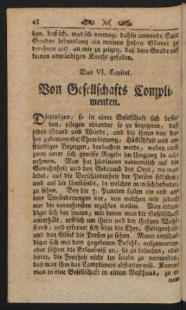 Das VI. Capitel. Von Gesellschafts Complimenten