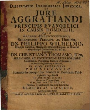Dissertatio inauguralis iuridica de iure aggratiandi principis evangelici in causis homicidii