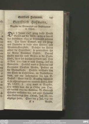 Gottfried Hofmann, Magister der Weltweisheit und Archidiaconus in Oschatz.