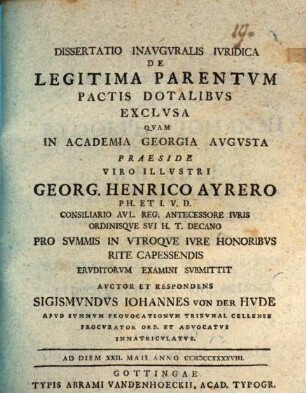 Diss. inaug. ... de legitima parentum pactis dotalibus exclusa