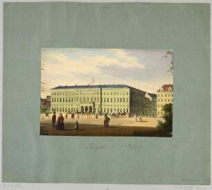 Das 1838 fertiggestellte Neue Postgebäude von Albert Geutebrück am Augustusplatz in Leipzig, rechts das Geschäftshaus der Teubnerschen Druckerei und Verlagsbuchhandlung am Beginn des Grimmaischen Steinweges