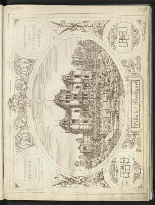 Villa bei Stuttgart. Gartenansicht, Grundrisse Erdgeschoss und 1. Stock