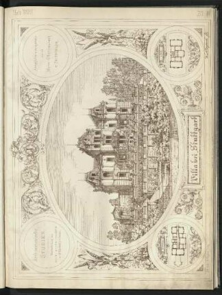 Villa bei Stuttgart. Gartenansicht, Grundrisse Erdgeschoss und 1. Stock