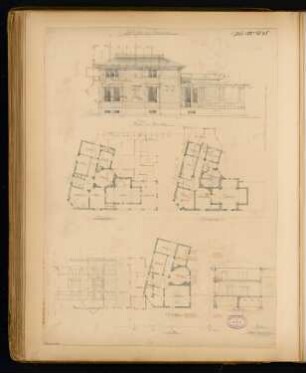 Wohnhaus, Eberswalde Monatskonkurrenz Juli 1880: Grundriss Keller, Erdgeschoss, Dachgeschoss, Aufriss Straßenansicht (Alsenplatz, Sandgasse), Querschnitt 1:150; 2 Maßstabsleisten