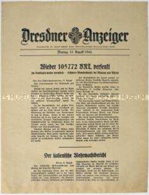 Nachrichtenblatt "Dresdner Anzeiger" mit Meldungen des Oberkommandos der Wehrmacht und des italienischen Oberkommandos u.a. zum Kriegsgeschehen an der Ostfront