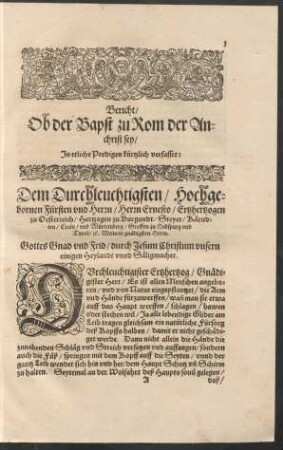 Bericht/ Ob der Bapst zu Rom der Antichrist sey ...