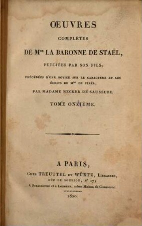 Oeuvres complètes de Mme. la baronne de Staël, 11. [Teil 2]