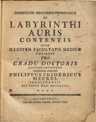 Diss. anat. physiolog. de labyrinthi auris contentis : [cum tab.]