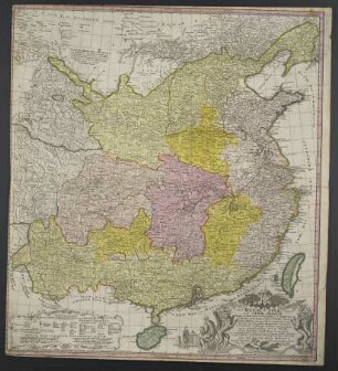 Regni Sinae vel Sinae Propriae Mappa et Descriptio Geographica : ex mappis particularibus, quas Sinarum Rex Canghi opera patrum Missionariorum é S[ocietas] I[esu] in provincias regni universi ejus rei gratia ablegatorum concinnari fecit, perfecta, Publicoque primum communicata in opere magnificentissimo R. P. du Halde et ab Anvillaeo Gall. Reg. Geographo ; Cum Priv. S. Caes. Maj. nec non Reg. Maj. Pol. et Elect. Saxon.