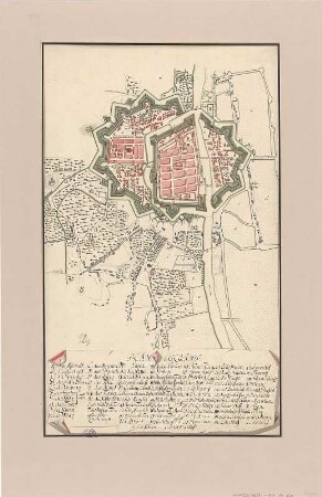 Plan der Festung Elbing, kolor. Handzeichng, 1750 : Plann Elbing. - [S.l.] , [um 1750?]. - 1 Plan : kolor. Handzeichng. ; Blattgr. 45 x 28 cm