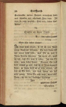 14. Sophie an ihren Vater. B .. den 29sten Januar 1755.