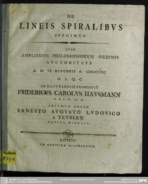 De Lineis Spiralibus Specimen