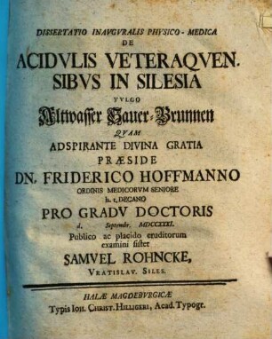 Diss. inaug. De acidulis Veteraquensibus in Silesia, vulgo Altwasser Sauer-Brunnen