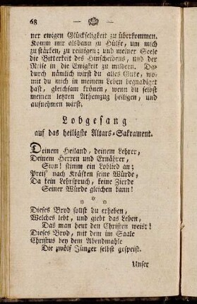 Lobgesang auf das heiligste Altars-Sakrament.