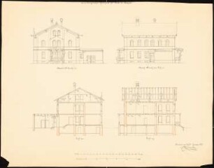 Pfarrhaus, Laski bei Kempen 1. Projekt: Aufriss Nordseite, Hofseite; Längsschnitt, Querschnitt, Maßstabsleisten (Meter, Fuß)