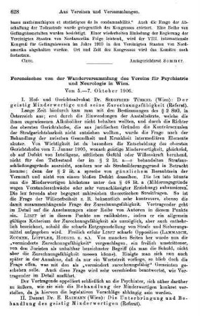 628-631, Forensisches von der Wanderversammlung des Vereins für Psychiatrie und Neurologie in Wien. Vom 5.-7. Oktober 1906