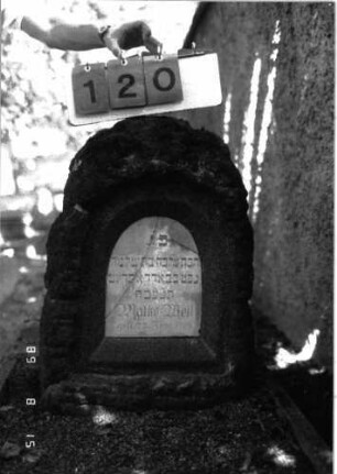 Grabstein 120 (Index: 100105347) Material: Granit, weiße Marmorplatte Zustand: Platte mehrfach gesprungen Maße HxBxT: 82x45x23 cm Beschreibung: Stele, rustica, Rundbogenabschluß, Schriftplatte: Grabstein 120