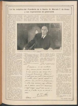 La faz subjetiva del Presidente de la Nación, Dr. Marcelo T. de Alvear y sus inspiraciones de gobernante