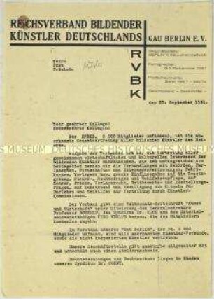 Rundschreiben des Reichsverbandes Bildender Künstler Deutschlands, Gau Berlin, mit Werbung zur Mitgliedschaft - Sachkonvolut