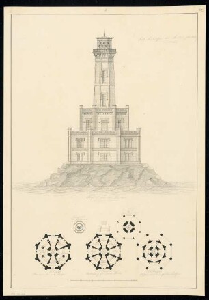 Leuchtturm Monatskonkurrenz Mai 1833: Grundriss Unterbau Untergeschoss und Obergeschoss, Mittelbau, Turm, Laterne; Aufriss; Maßstabsleiste