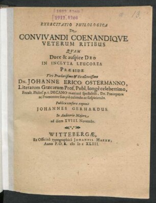 Exercitatio Philologica De Convivandi Coenandique Veterum Ritibus